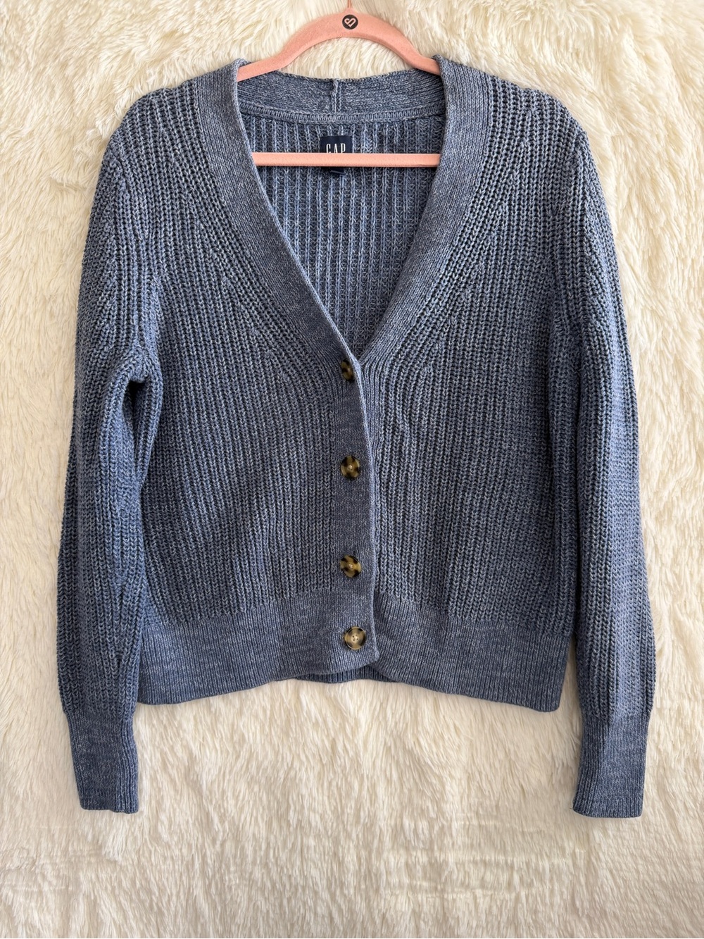 Gap Womens Preppy Ribbed Shaker Stitch V-Neck Cardigan Size L Blue Americana